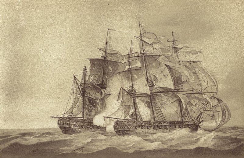Britse fregat HMS Santa Margarita, onder bevel van kapitein Thomas Byam Martin, vangt het Franse fregat Tamise, juni 1796 door English School