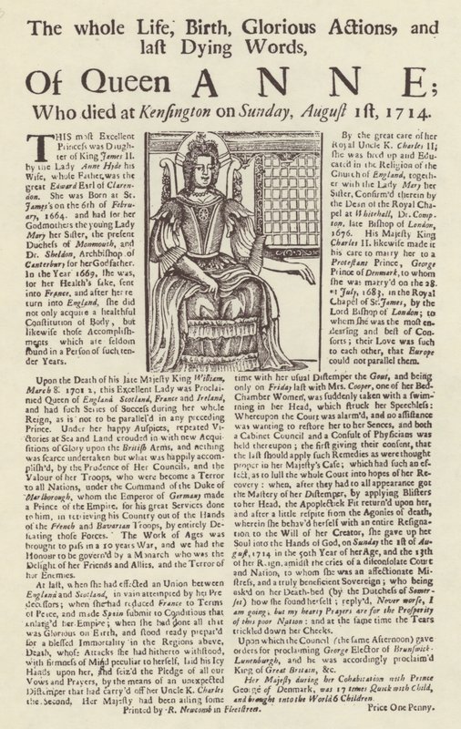 Pamflet gepubliceerd bij de dood van koningin Anne door English School