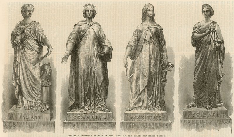 Bronzen allegorische beelden op de pijlers van de Farringdon Street Bridge (gravure) door English School