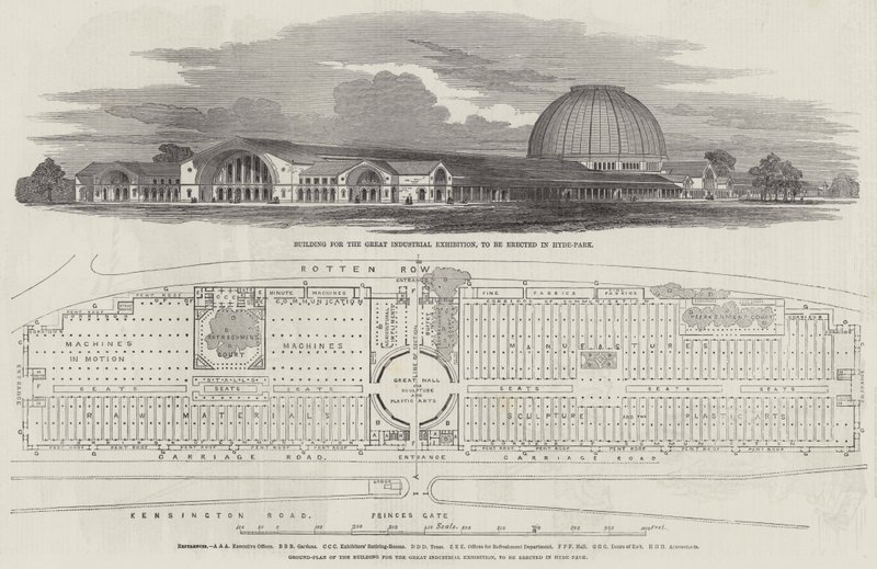 Gebouw voor de Grote Industriële Tentoonstelling, te bouwen in Hyde-Park (gravure) door English School
