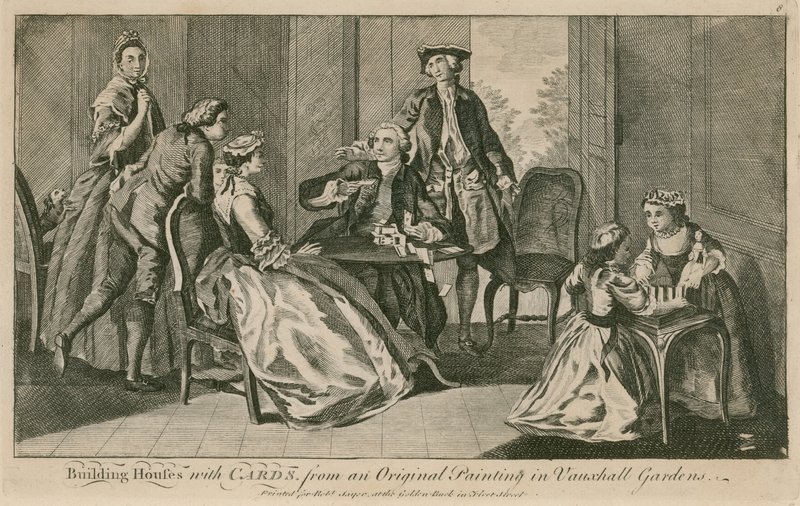 Huizen bouwen met kaarten, van een origineel schilderij in de Vauxhall Gardens, Londen door English School