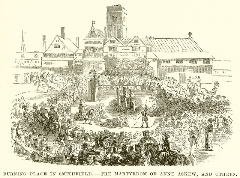 Brandend paleis in Smithfield. Het martelaarschap van Anne Askew en anderen door English School