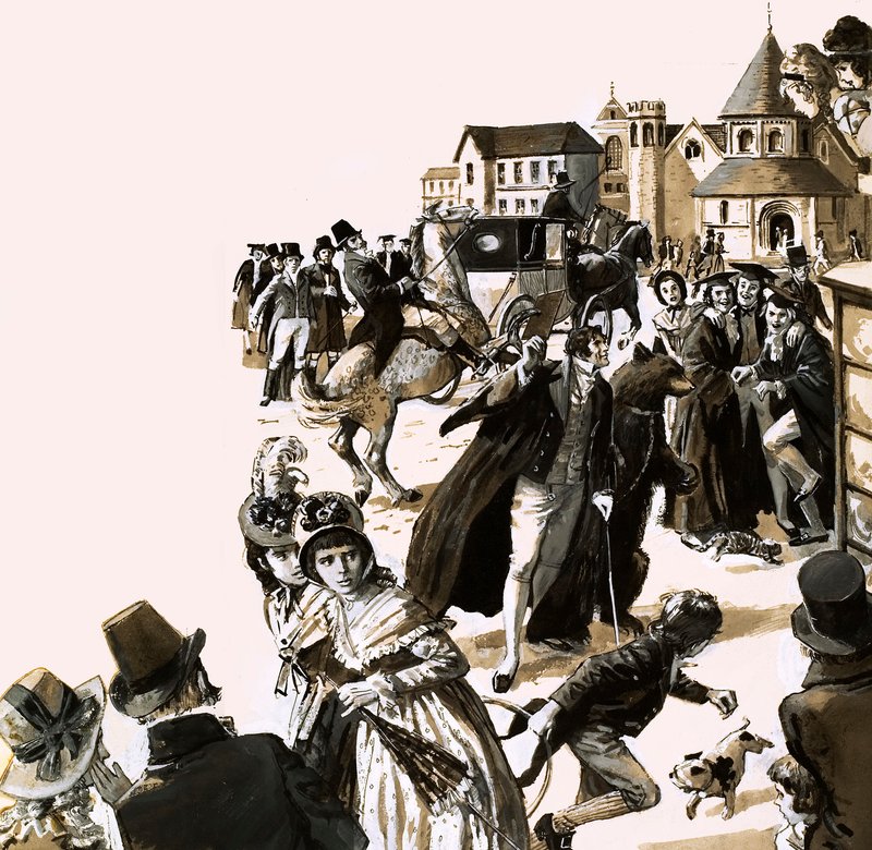 Byron veroorzaakte nogal wat opschudding met zijn huisbeer in de straten van Cambridge (gouache op papier) door English School