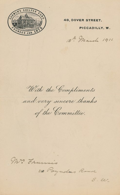 Schuilplaats voor koetsiers Fun, opgericht januari 1875. Brief door English School