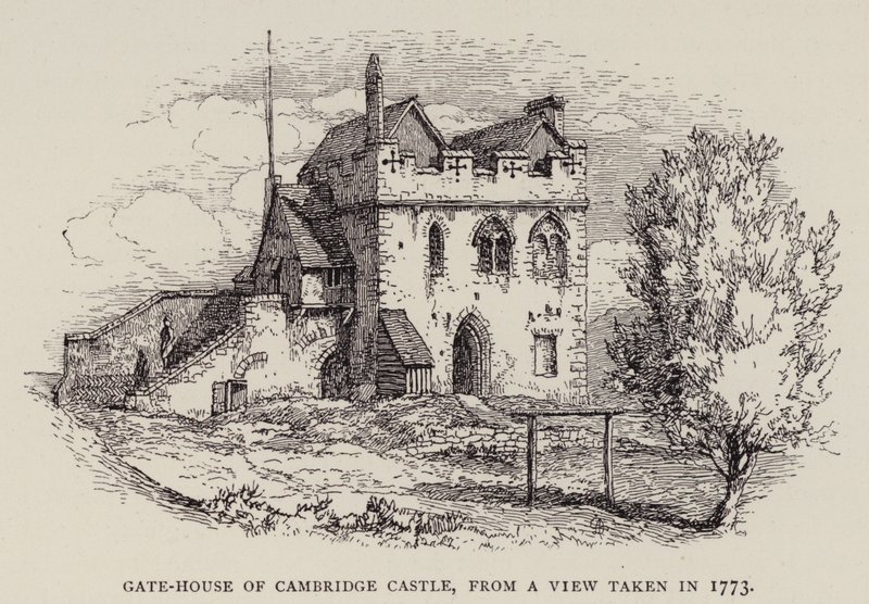 Cambridge: Poortgebouw van Cambridge Castle, vanuit een Zicht genomen in 1773 door English School