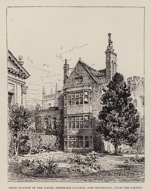 Cambridge: Orielraam van de Lodge, Pembroke College, nu vernietigd, vanuit de tuin door English School