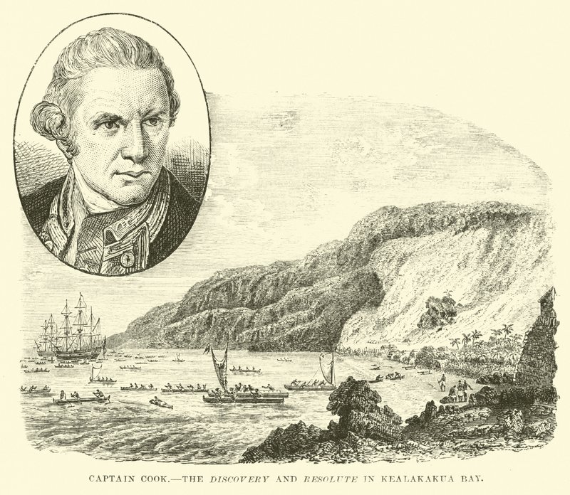 Kapitein Cook, de Discovery en Resolute in Kealakakua Bay door English School