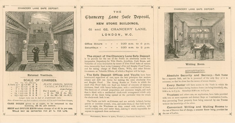 Kaart die de Chancery Lane Safe Deposit adverteert, 61-62 Chancery Lane, Londen door English School