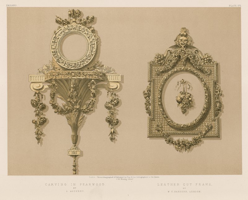 Houtsnijwerk in Perenhout door L Godfrey; Leren Gesneden Frame door W C Sanders, Londen door English School
