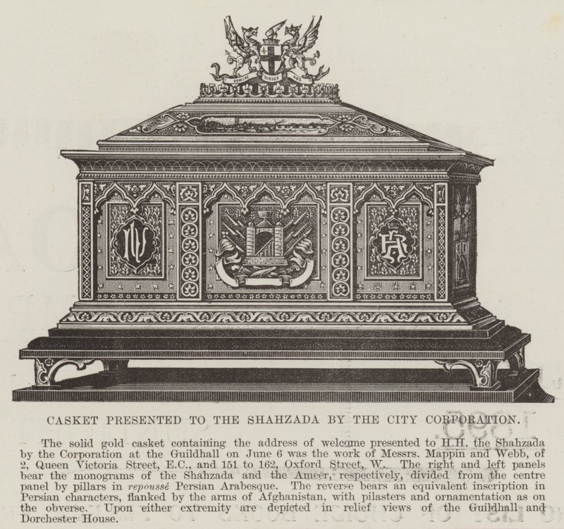 Kist aangeboden aan de Shahzada door de stadsraad (gravure) door English School