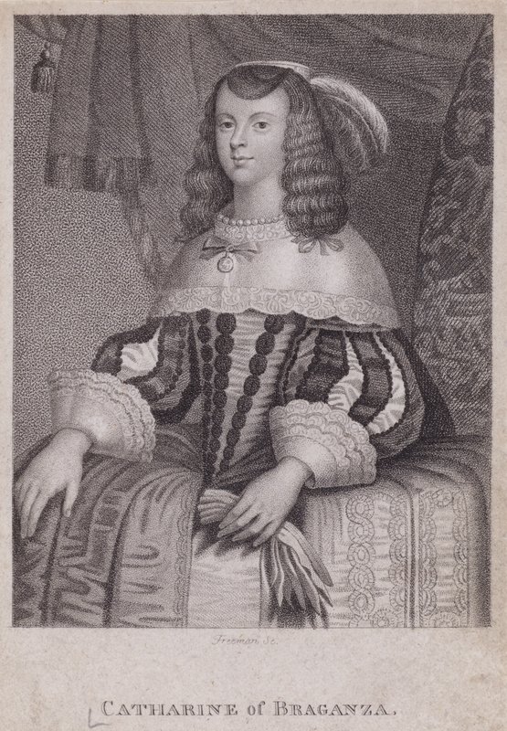Catherine van Braganza, koningin-gemalin van koning Karel II (gravure) door English School
