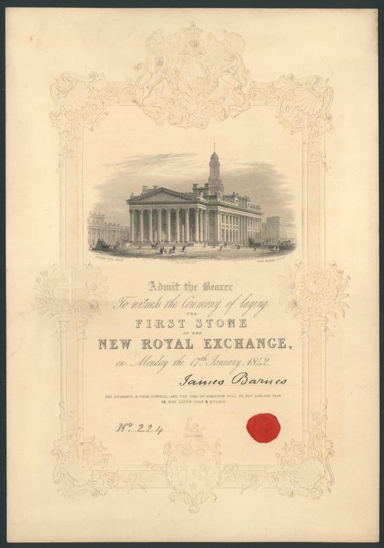 Ceremonie van het leggen van de eerste steen van de Nieuwe Koninklijke Beurs, Londen, op 17 januari 1842 door English School