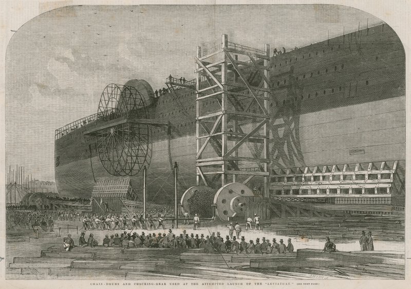 Kettingtrommels en remuitrusting gebruikt bij de poging tot lancering van de Leviathan door English School