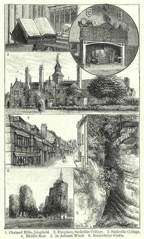 Gebonden Bijbel, Lingfield; Open haard, Sackville College; Sackville College; Middle Row; In Ashurst Wood; Brambletye Castle door English School