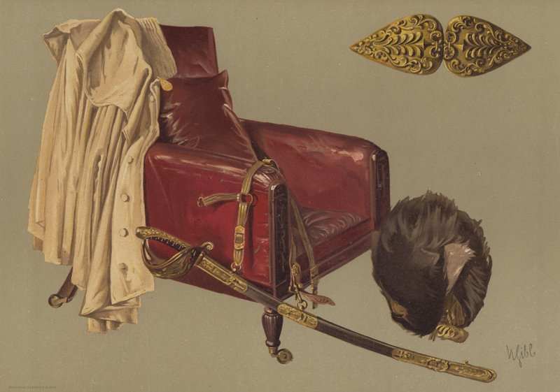 Stoel en mantel van Veldmaarschalk de Hertog van Wellington, met berenmuts en zwaard van de Grenadier Guards door English School