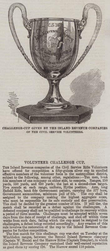 Uitdagingsbeker gegeven door de Inland Revenue Companies van de Civil Service Volunteers (gravure) door English School