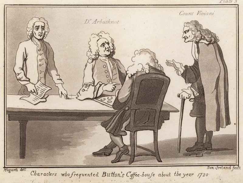 Personages die Buttons Coffee House bezochten rond 1720: Dr Arbuthnot, Graaf Viviani door English School