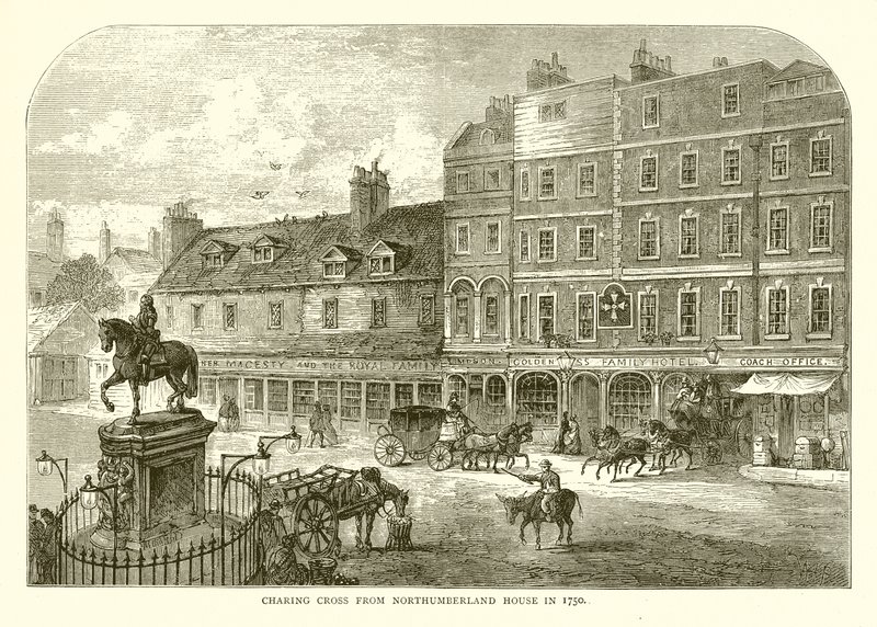 Charing Cross vanaf Northumberland House in 1750 door English School