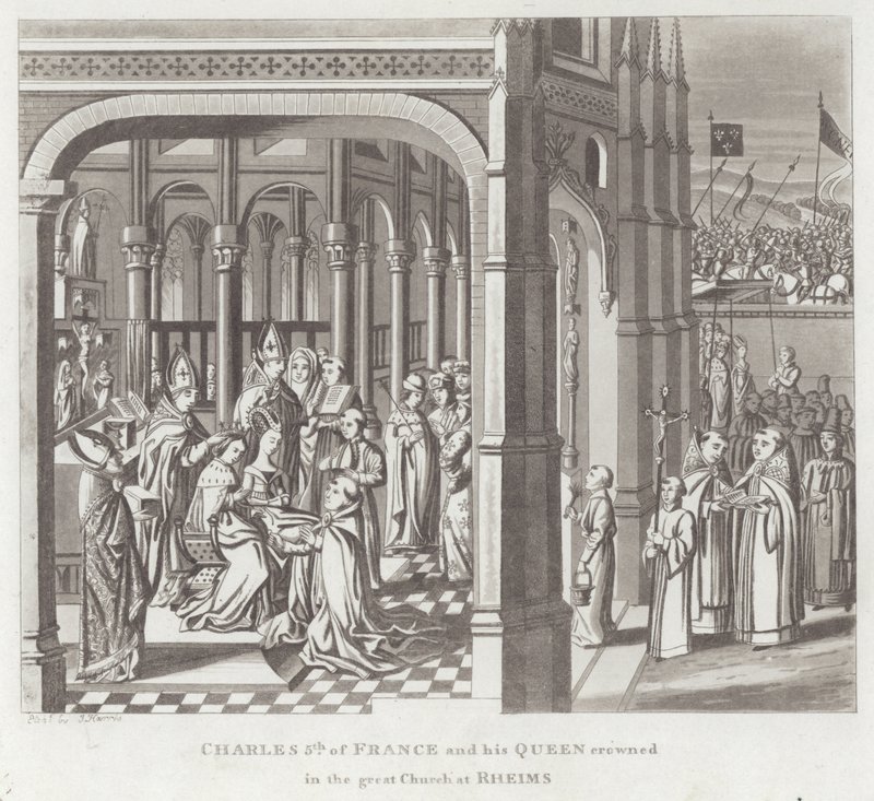 Karel V van Frankrijk en zijn Koningin gekroond in de Grote Kerk van Reims door English School