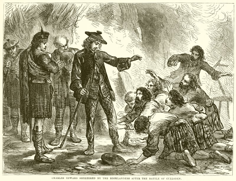 Charles Edward beschut door de Hooglanders na de Slag bij Culloden door English School