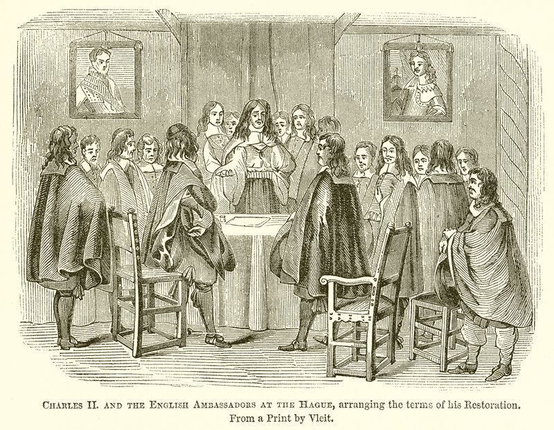 Karel II en de Engelse ambassadeurs in Den Haag, regelen de voorwaarden van zijn restauratie door English School