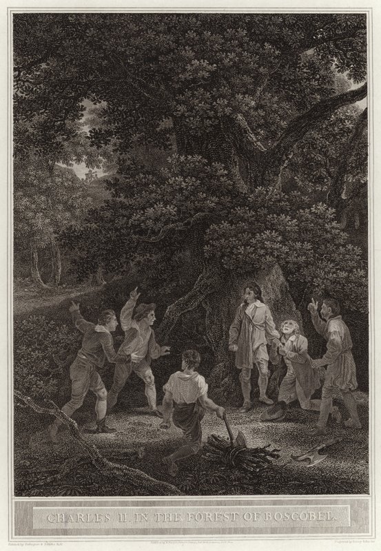 Karel II in het bos van Boscobel door English School