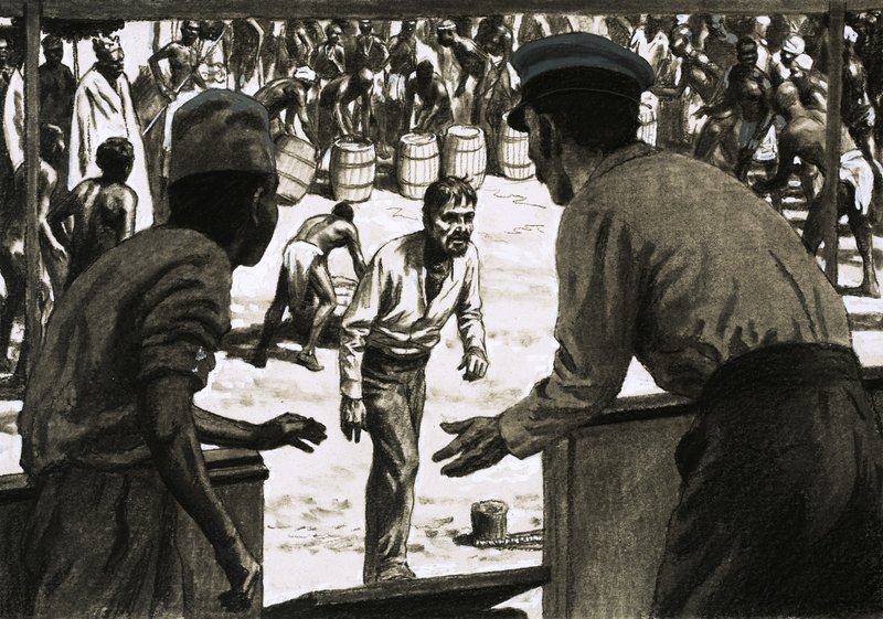 Charles Osborne en kapitein Stott legden vaten rum op het strand door English School