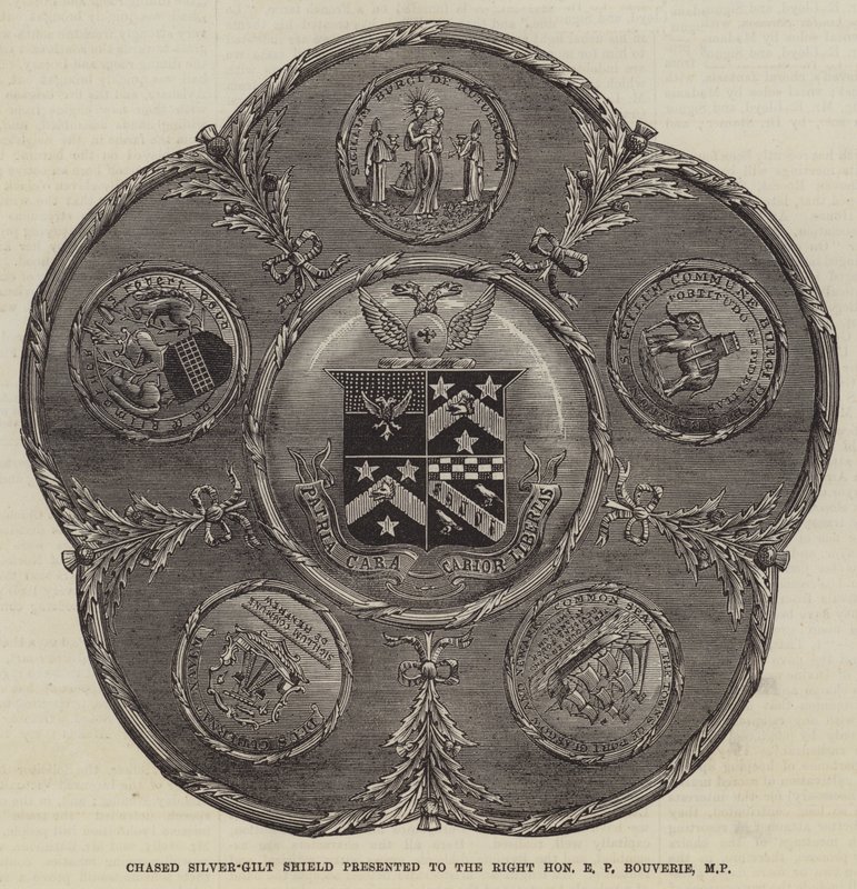 Gejaagde zilververgulde schild aangeboden aan de Right Honourable E P Bouverie, MP door English School