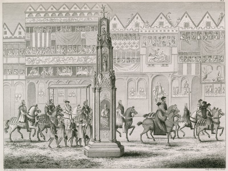 Cheapside Cross, zoals het verscheen in het jaar 1547 door English School