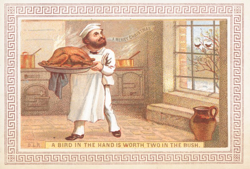 Chef houdt kalkoen schaal, kerstkaart door English School