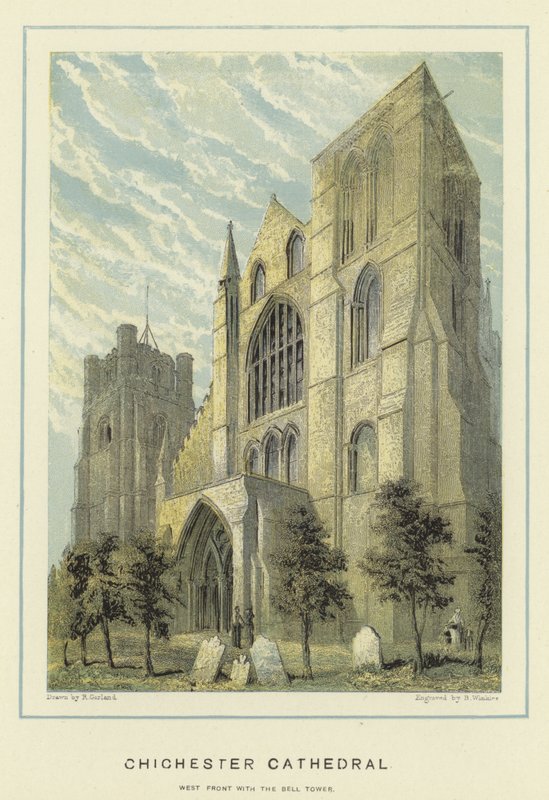 Chichester Kathedraal, westfront met klokkentoren door English School