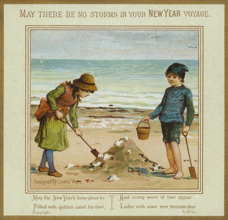 Kinderen Spelen op het Strand - Nieuwjaarskaart door English School