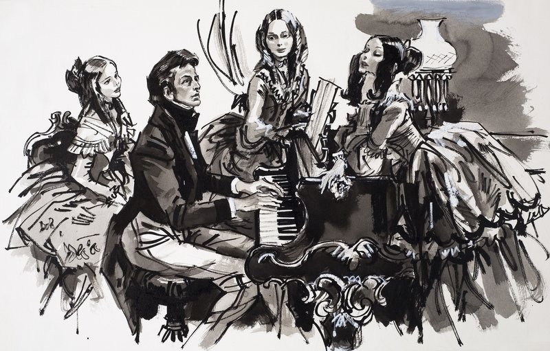Chopin met vrouwelijke bewonderaars (gouache op papier) door English School
