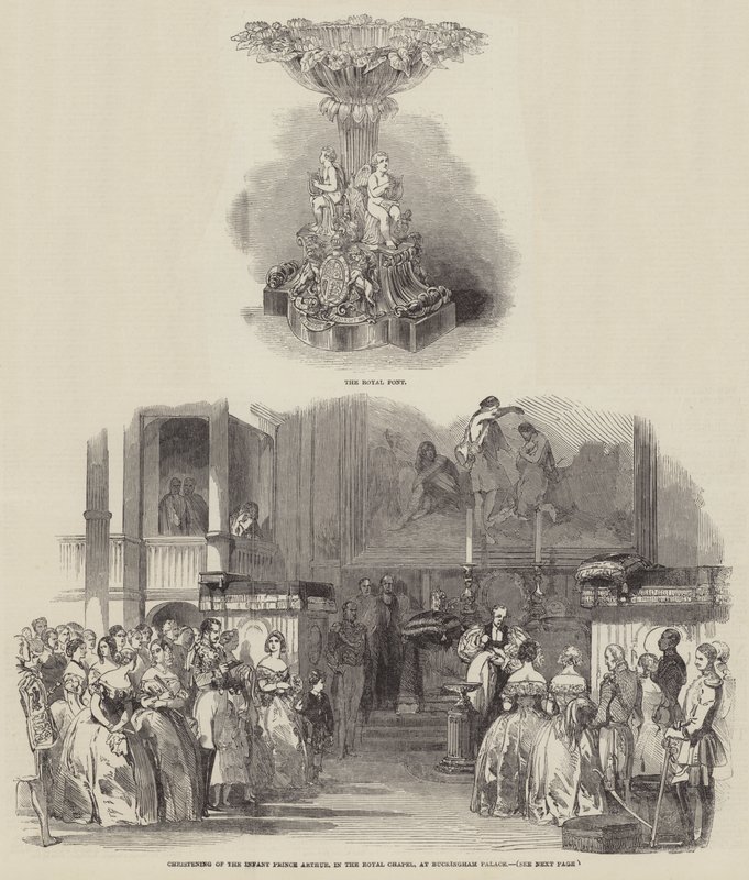 Doop van de jonge prins Arthur, in de koninklijke kapel, in Buckingham Palace (gravure) door English School