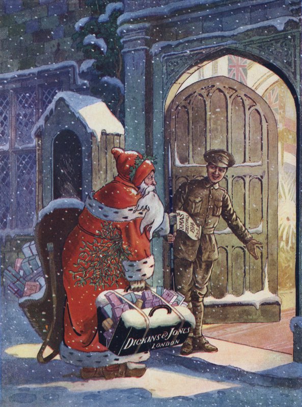 Kerstadvertentie die de Kerstman toont die geschenken brengt voor WW1-soldaten van Dickins en Jones warenhuis (kleur litho) door English School