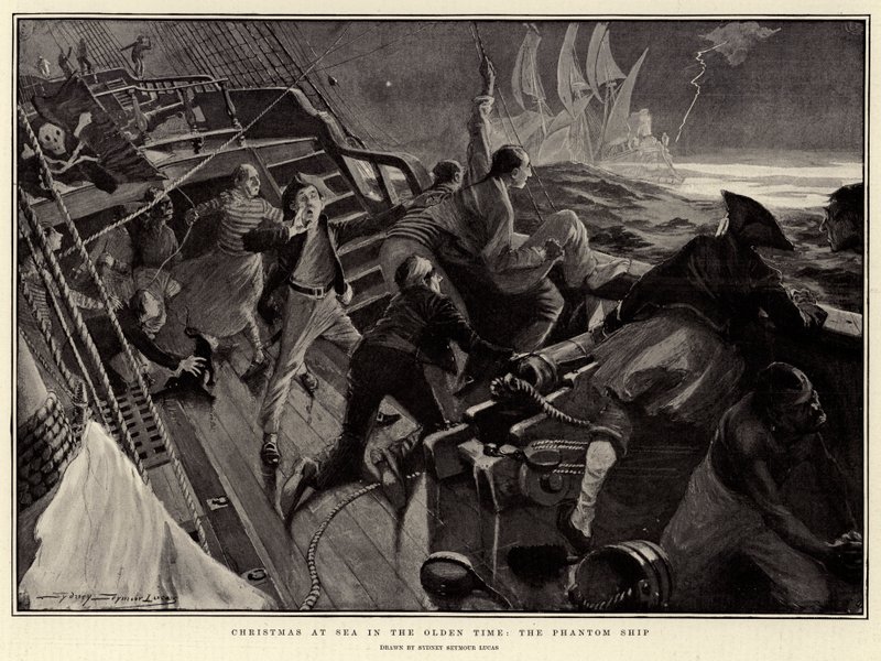Kerstmis op zee in de oude tijd, het spookschip (litho) door English School