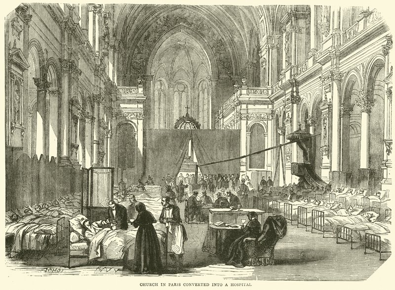 Kerk in Parijs omgebouwd tot ziekenhuis, november 1870 door English School