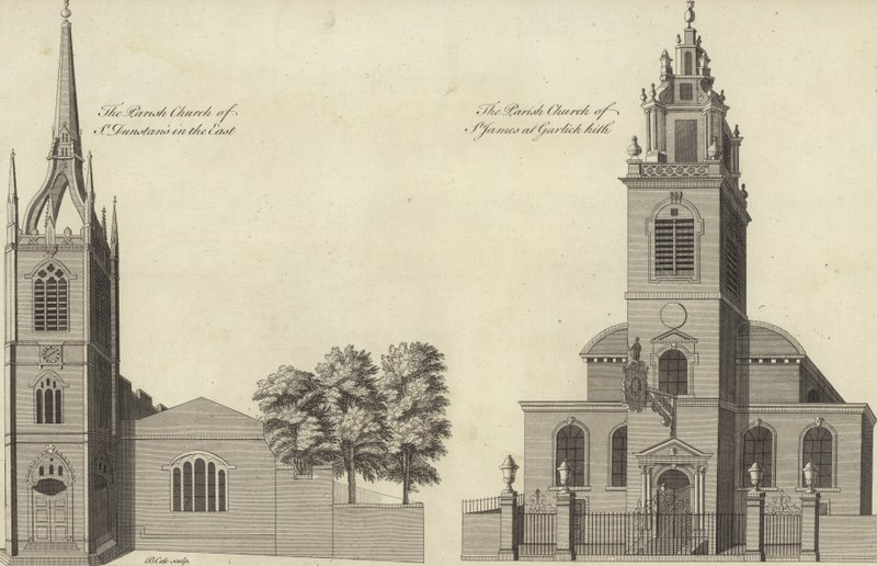 Kerk van St Dunstan in the East en kerk van St James Garlickhythe, Londen door English School