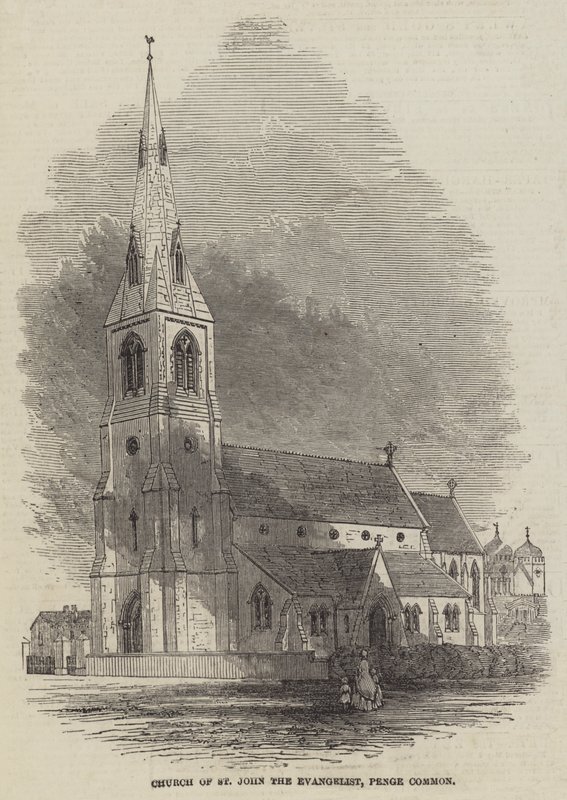 Kerk van St. John the Evangelist, Penge Common (gravure) door English School