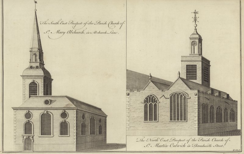 Kerk van St Mary Abchurch, Abchurch Lane en kerk van St Martin Outwich in Threadneedle Street, Londen door English School