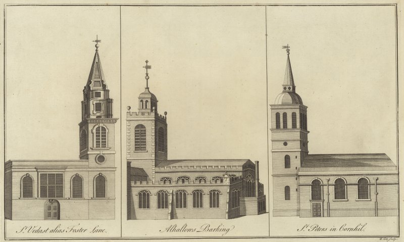 Kerken van St Vedast, Foster Lane, Allhallows, Barking en St Peter in Cornhill, Londen door English School
