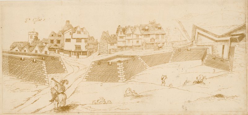Burgeroorlog Fortificaties bij St Giles in the Fields, Londen; geëtst facsimile van een tekening die beweert te zijn gemaakt door Kapitein John Eyre door English School