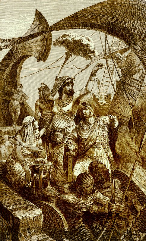 Cleopatra bij de Slag bij Actium, illustratie uit The Illustrated History of the World, gepubliceerd ca. 1880 door English School