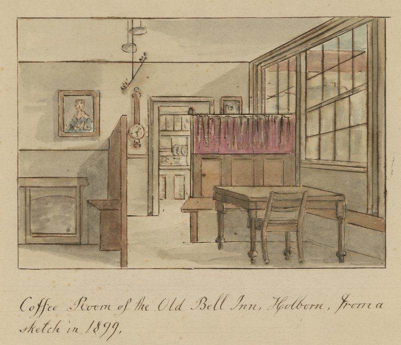 Koffiekamer van The Old Bell Inn, Holborn, Londen, naar een schets in 1899 door English School