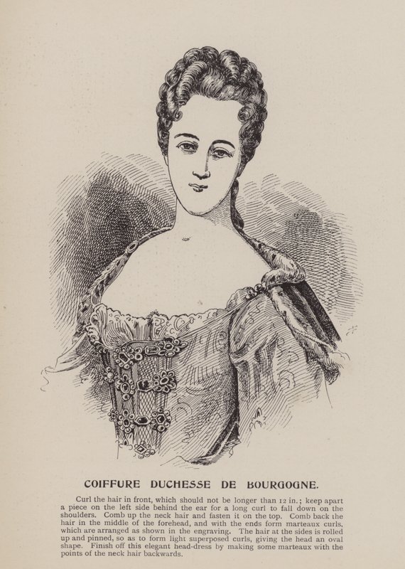 Hertogin van Bourgondië kapsel (gravure) door English School