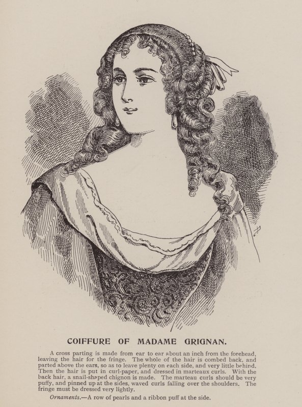 Coiffure van Madame Grignan (gravure) door English School