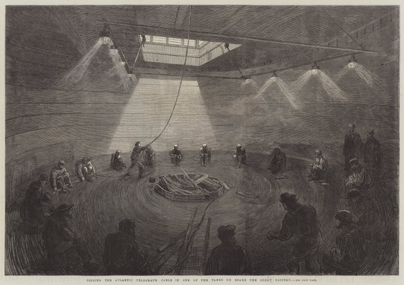Het oprollen van de Atlantische telegraafkabel in een van de tanks aan boord van de Great Eastern door English School