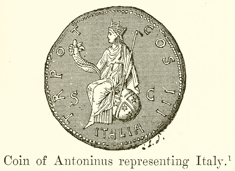 Munt van Antoninus die Italië vertegenwoordigt door English School