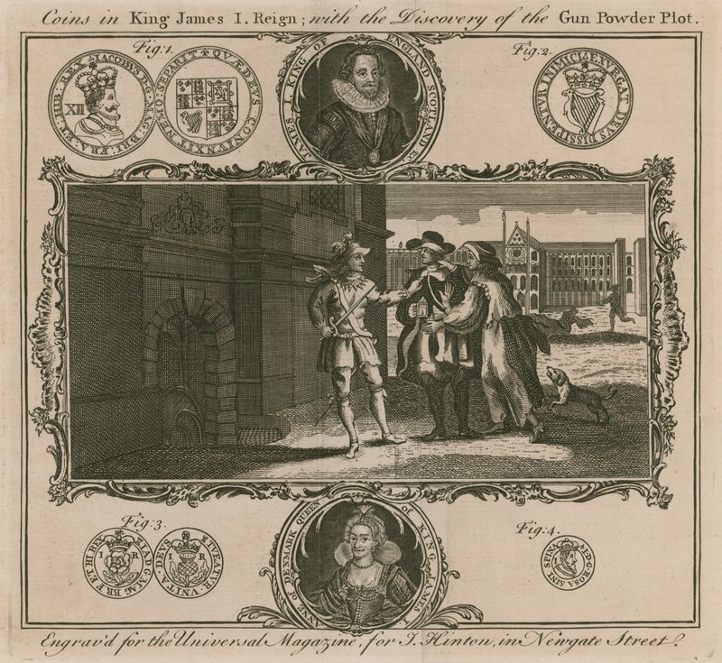 Munten in het bewind van koning James I, met de ontdekking van het Buskruitcomplot door English School