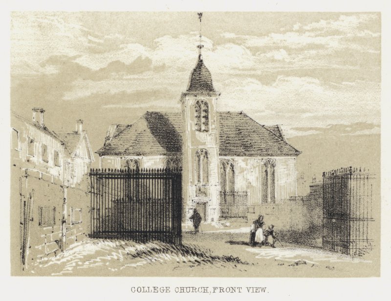Collegekerk, vooraanzicht (gravure) door English School